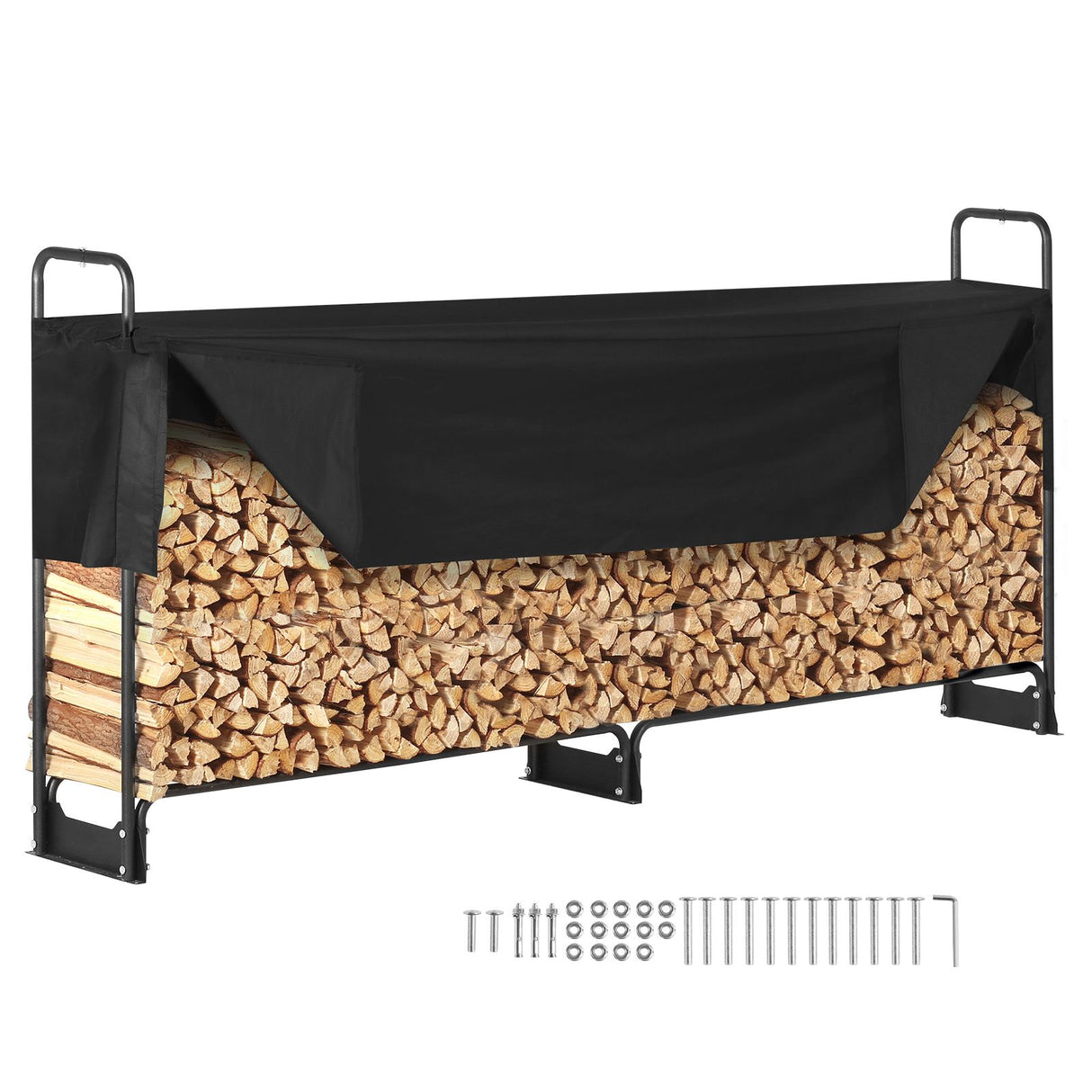 VEVOR Firewood Rack with Waterproof Cover, 257 x 36 x 117 cm Outdoor Firewood Holder, 660lb Weight Capacity, 1/2 Cord Log Holder, Half-Covered, Powder-coated Wood Storage Rack for Fireplace Deck