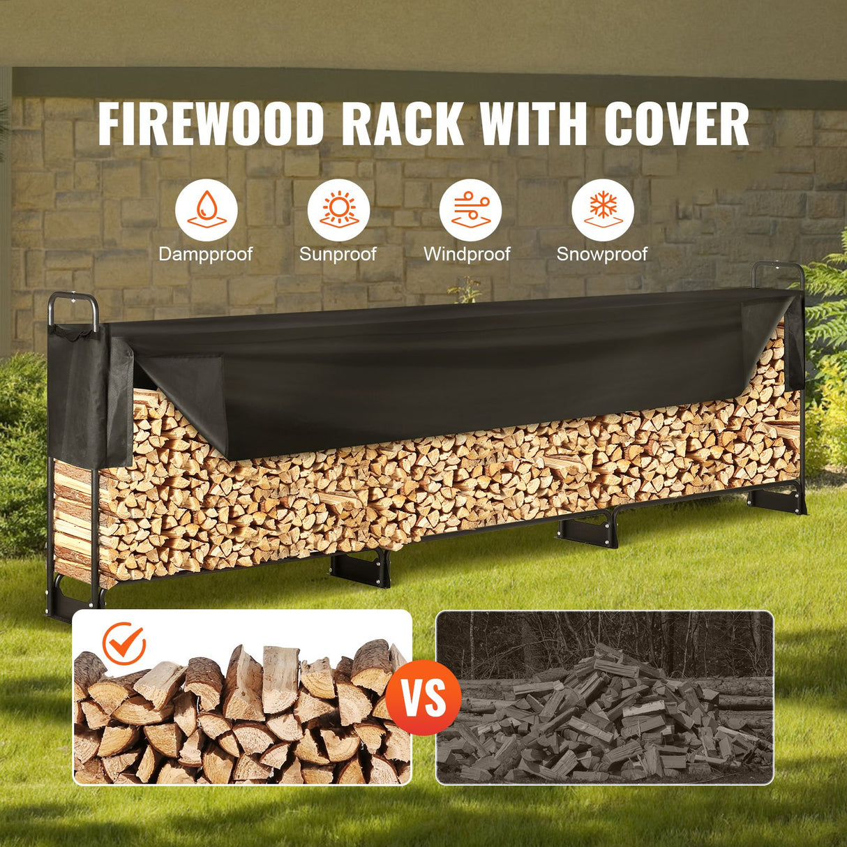 VEVOR Firewood Rack with Waterproof Cover, 383 x 36 x 117 cm Outdoor Firewood Holder, 660lb Weight Capacity, 1/2 Cord Log Holder, Half-Covered, Powder-coated Wood Storage Rack for Fireplace Deck