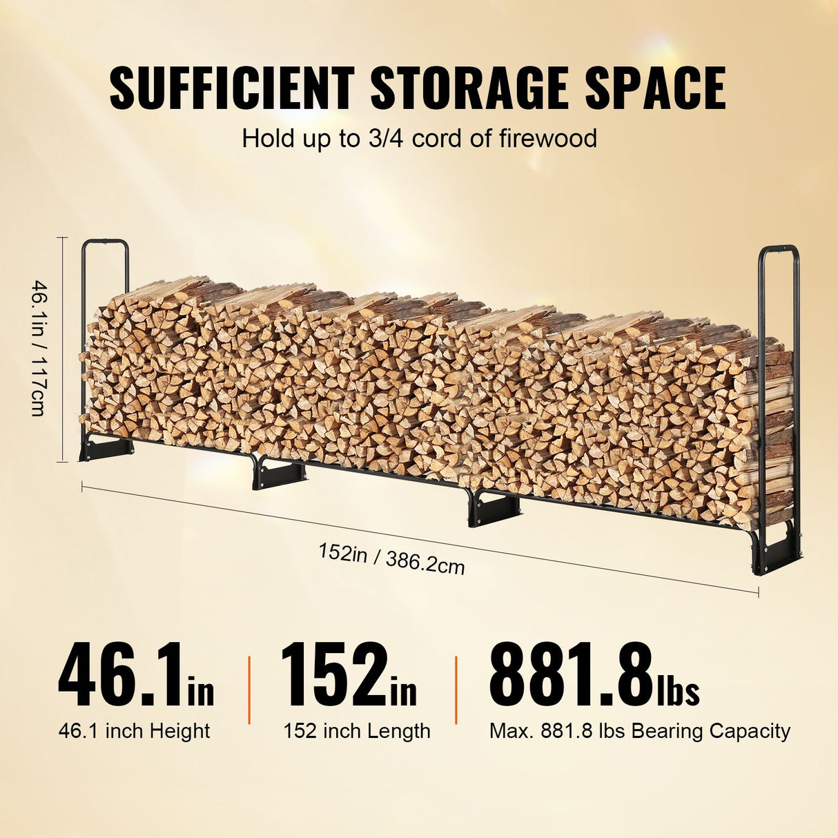 VEVOR Firewood Rack with Waterproof Cover, 383 x 36 x 117 cm Outdoor Firewood Holder, 660lb Weight Capacity, 1/2 Cord Log Holder, Half-Covered, Powder-coated Wood Storage Rack for Fireplace Deck