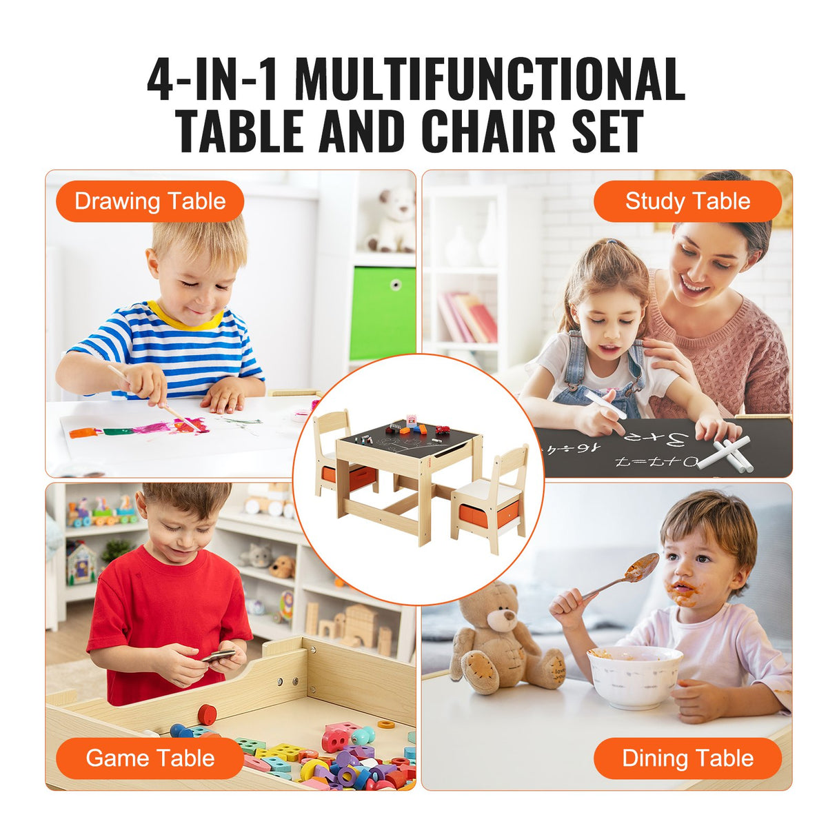 VEVOR Kids Table and Chair Set Wooden Activity Table with Storage Space & Boxes