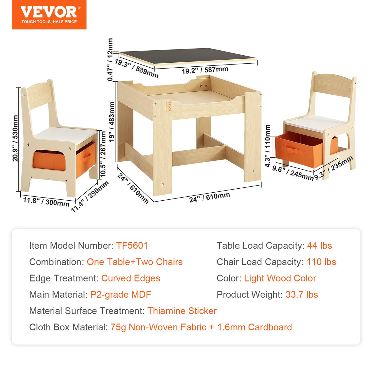 VEVOR Kids Table and Chair Set Wooden Activity Table with Storage Space & Boxes