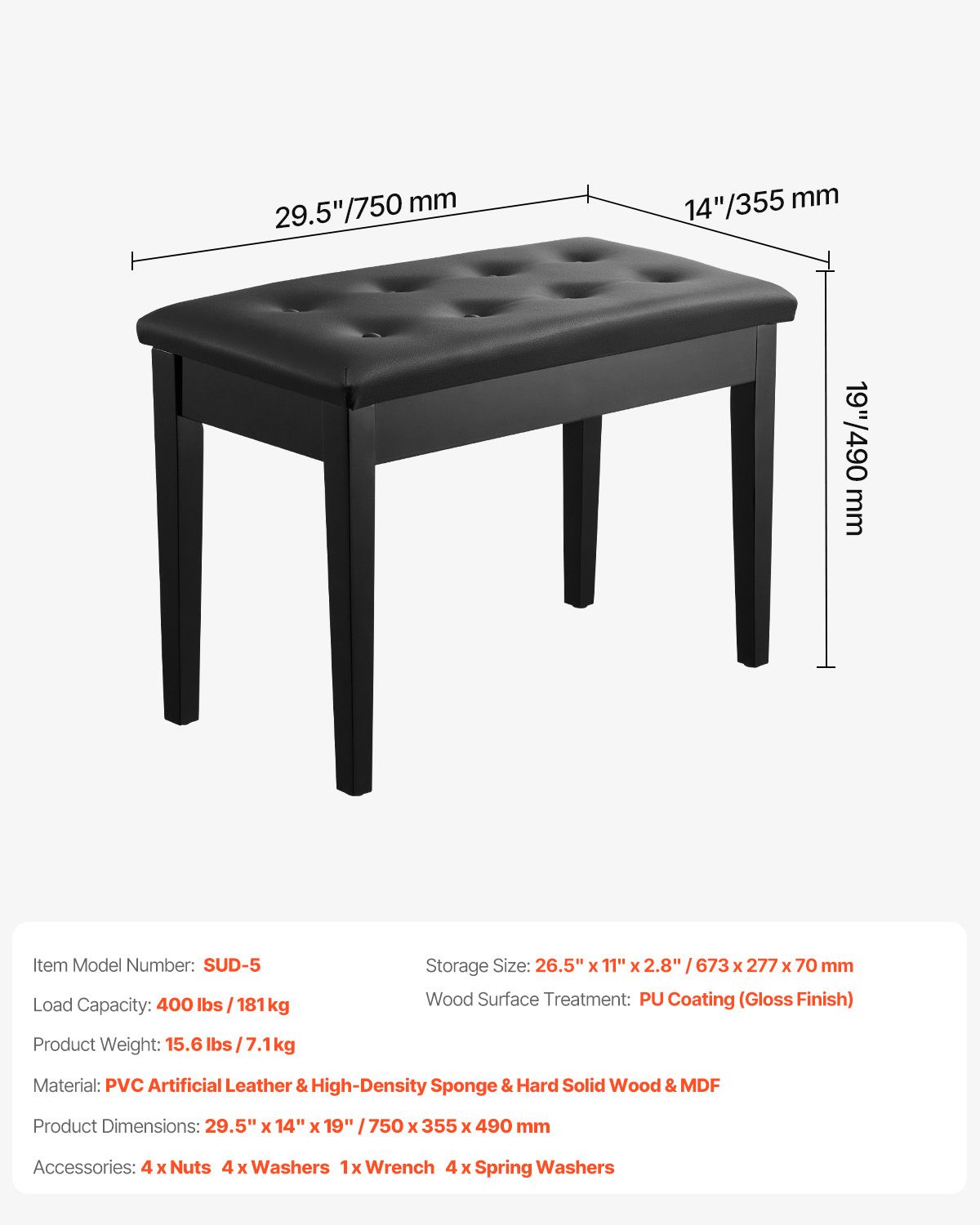 Piano Bench, 750 x 355 x 490 mm, Duet Keyboard Piano Chair with High-Density Padded Cushion, Storage Compartment for Music Books, Wooden Piano Bookcase Stool Seat, for Vanity and Living Room