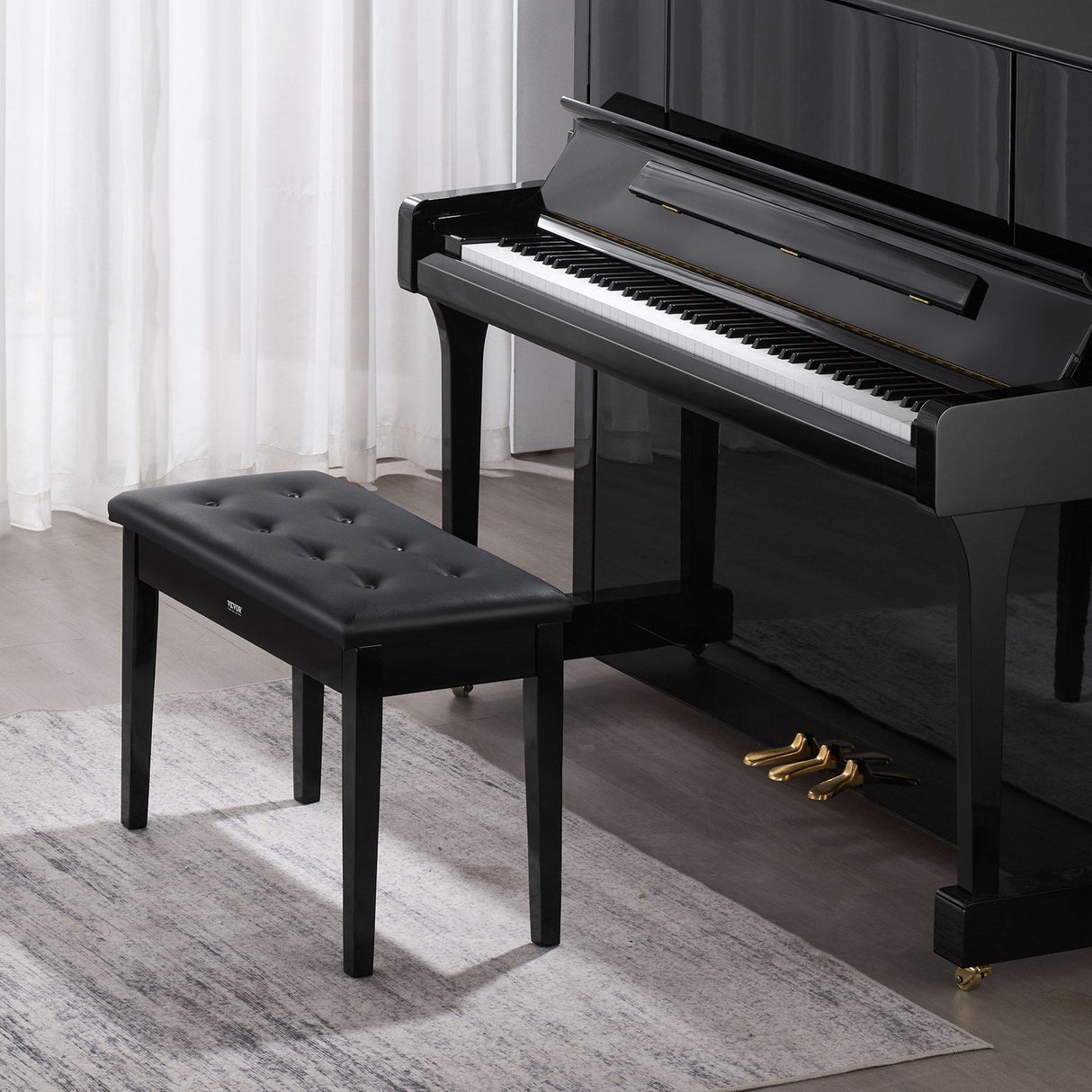 Piano Bench, 750 x 355 x 490 mm, Duet Keyboard Piano Chair with High-Density Padded Cushion, Storage Compartment for Music Books, Wooden Piano Bookcase Stool Seat, for Vanity and Living Room