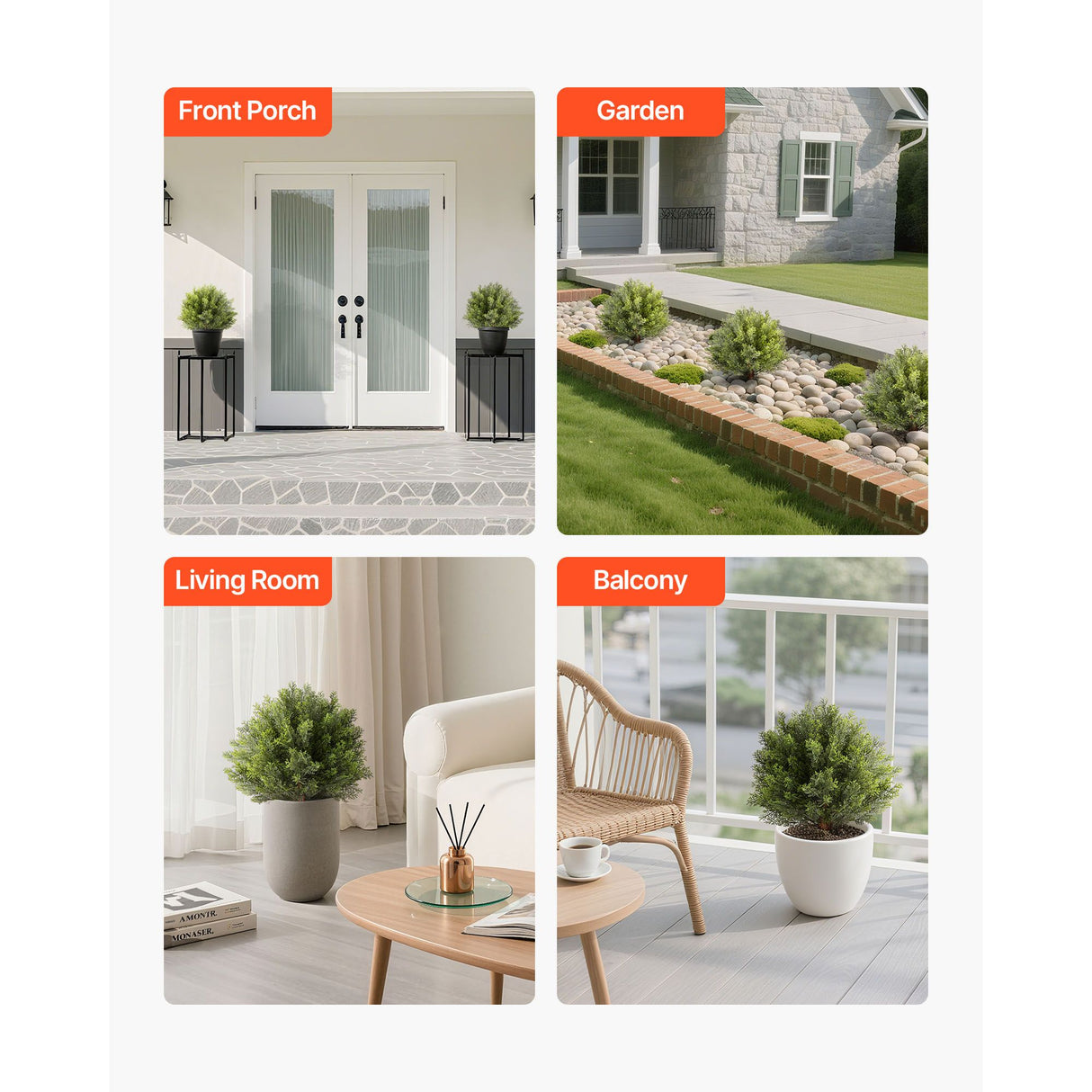 Artificial Topiary Cypress Trees with Ground Spike, 2 Set 406mm Faux Shrubs & Bushes Potted Plants, Fake Silk Tree Look Real for Decor Front Porch Outdoor Indoor Patio Garden Balcony Backyard