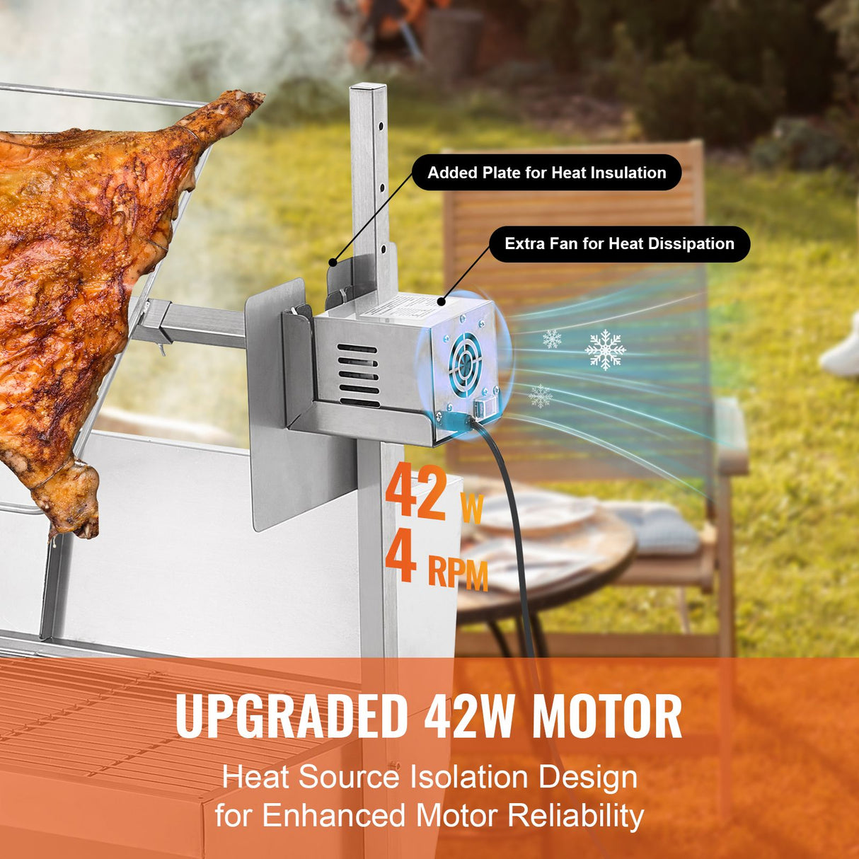VEVOR Rotisserie Grill with Windscreen, BBQ Whole Pig Lamb Goat Charcoal Spit Grill, 35 Inch 90 Lbs Capacity, Electric 42W Motor Stainless Steel Roaster with Lockable Wheels, for Camping Outdoor