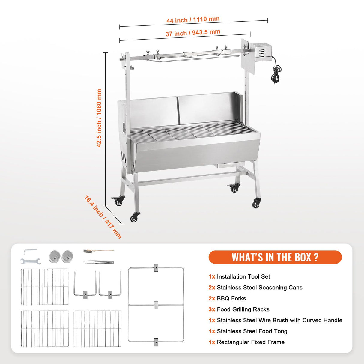 VEVOR Rotisserie Grill with Windscreen, BBQ Whole Pig Lamb Goat Charcoal Spit Grill, 35 Inch 90 Lbs Capacity, Electric 42W Motor Stainless Steel Roaster with Lockable Wheels, for Camping Outdoor