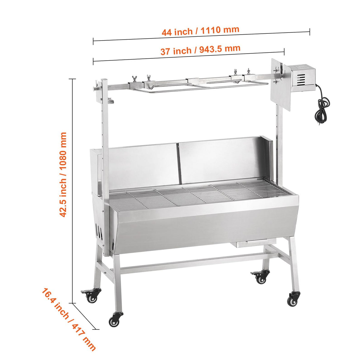 VEVOR Rotisserie Grill with Windscreen, BBQ Whole Pig Lamb Goat Charcoal Spit Grill, 35 Inch 90 Lbs Capacity, Electric 42W Motor Stainless Steel Roaster with Lockable Wheels, for Camping Outdoor