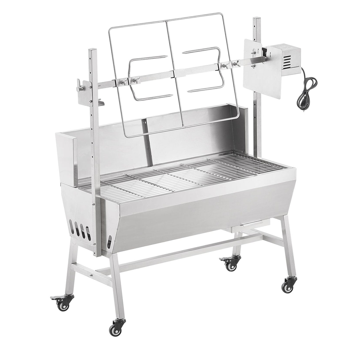 VEVOR Rotisserie Grill with Windscreen, BBQ Whole Pig Lamb Goat Charcoal Spit Grill, 35 Inch 90 Lbs Capacity, Electric 42W Motor Stainless Steel Roaster with Lockable Wheels, for Camping Outdoor