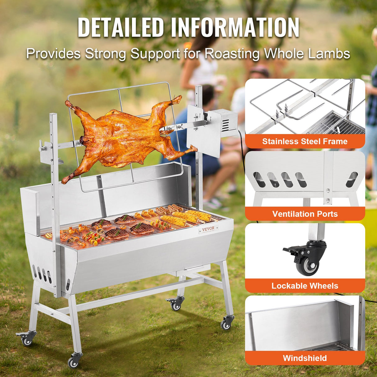 VEVOR Rotisserie Grill with Windscreen, BBQ Whole Pig Lamb Goat Charcoal Spit Grill, 35 Inch 90 Lbs Capacity, Electric 42W Motor Stainless Steel Roaster with Lockable Wheels, for Camping Outdoor