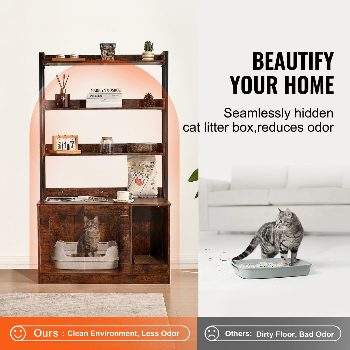 VEVOR Cat Litter Box Enclosure Wooden Litter Box Furniture Hidden with 3 Shelves