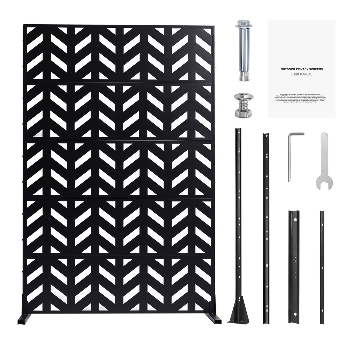 Metal Privacy Screen, 47" W x 72" H, Outdoor Privacy Screens 5-Panel, Freestanding Outdoor Divider with Stand, Decorative Garden Steel Privacy Fence for Balcony Patio Indoor Room Black