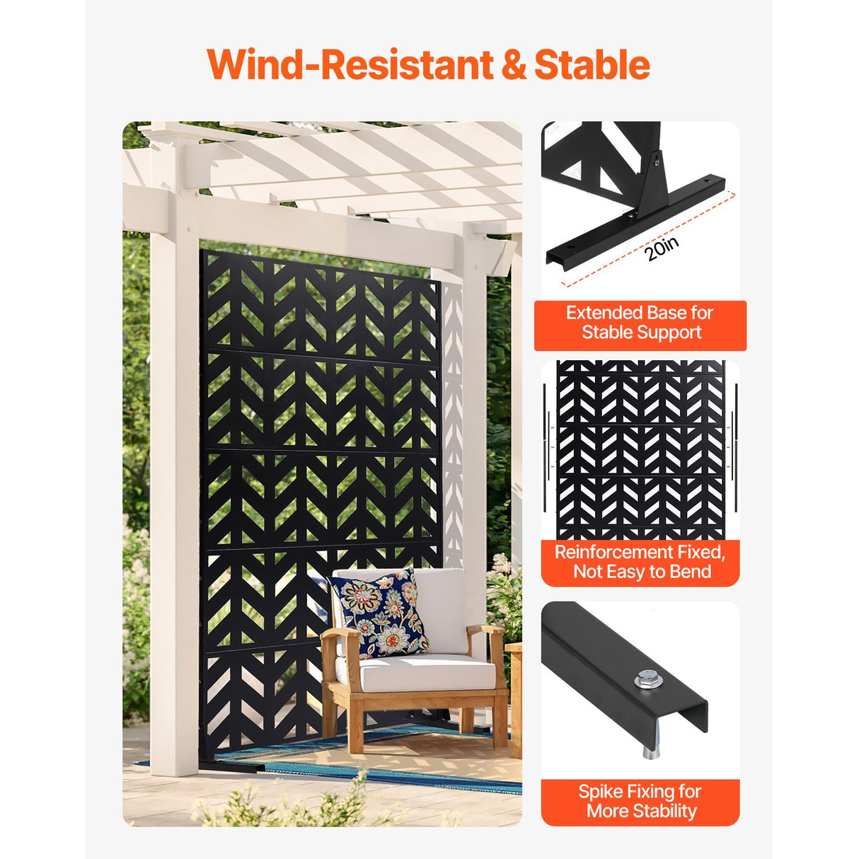 Metal Privacy Screen, 47" W x 72" H, Outdoor Privacy Screens 5-Panel, Freestanding Outdoor Divider with Stand, Decorative Garden Steel Privacy Fence for Balcony Patio Indoor Room Black