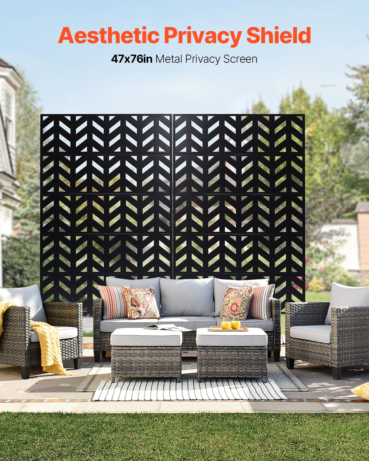 Metal Privacy Screen, 47" W x 72" H, Outdoor Privacy Screens 5-Panel, Freestanding Outdoor Divider with Stand, Decorative Garden Steel Privacy Fence for Balcony Patio Indoor Room Black
