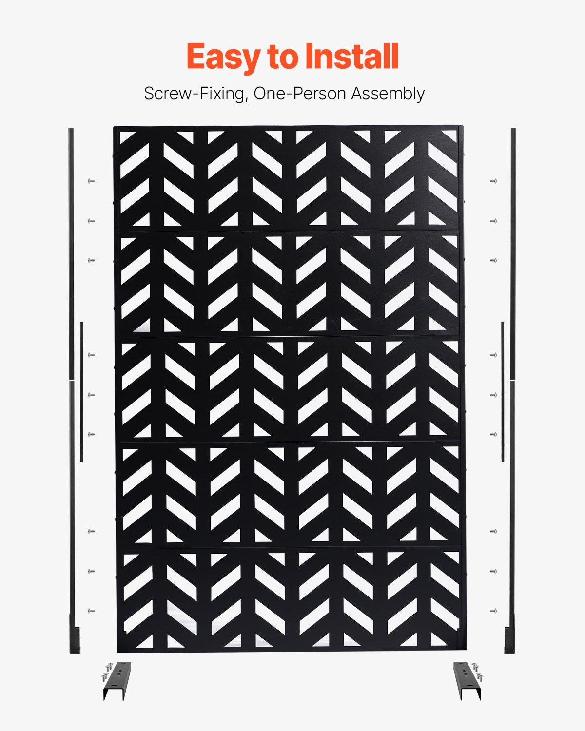 Metal Privacy Screen, 47" W x 72" H, Outdoor Privacy Screens 5-Panel, Freestanding Outdoor Divider with Stand, Decorative Garden Steel Privacy Fence for Balcony Patio Indoor Room Black