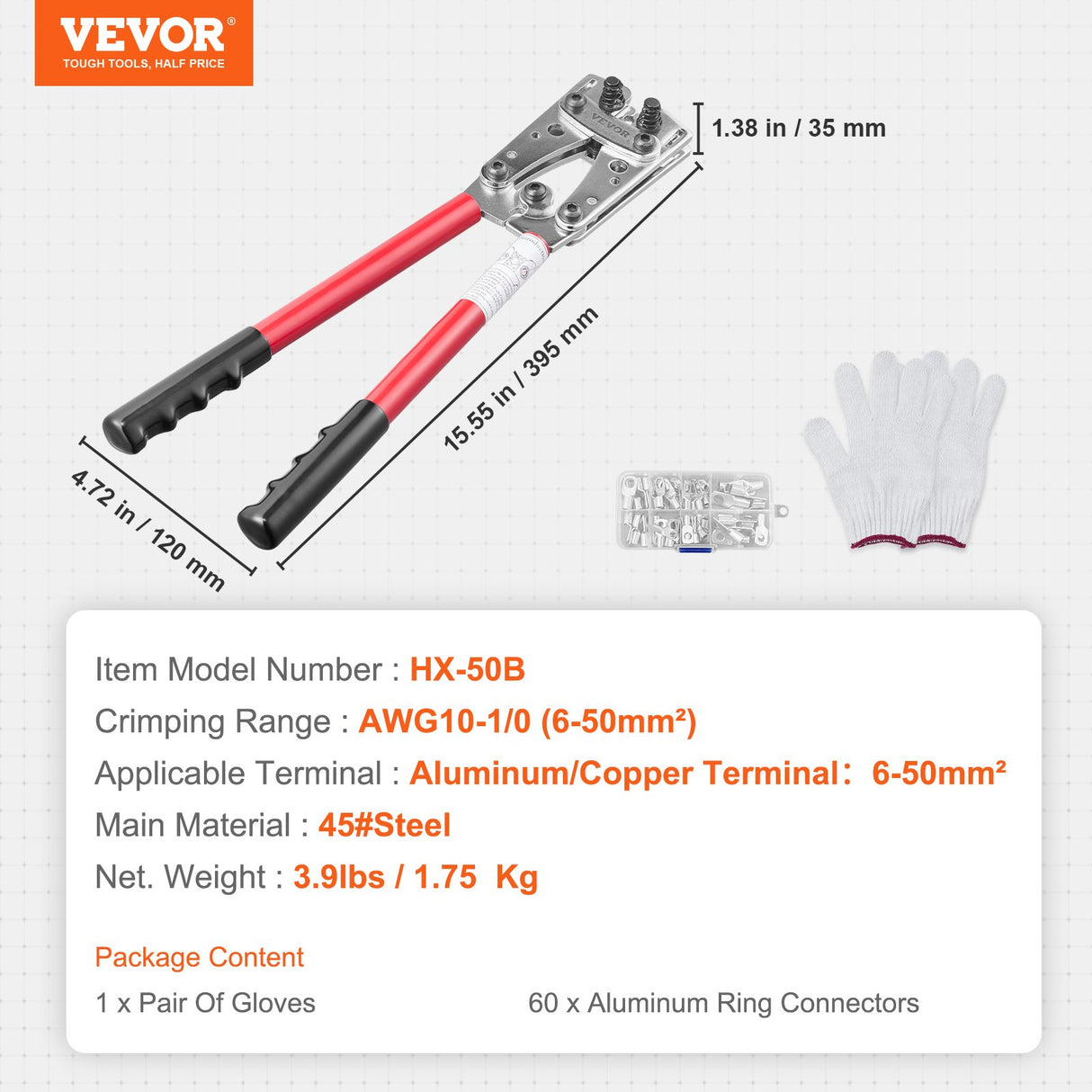 Battery Cable Lug Crimping Tool, 10-1/0AWG Aluminum Terminal Battery Lug Crimper, with 60PCS Aluminum Ring Connectors Terminals 6 Wire Sizes Crimping Die, for Heavy Duty Wire Lugs
