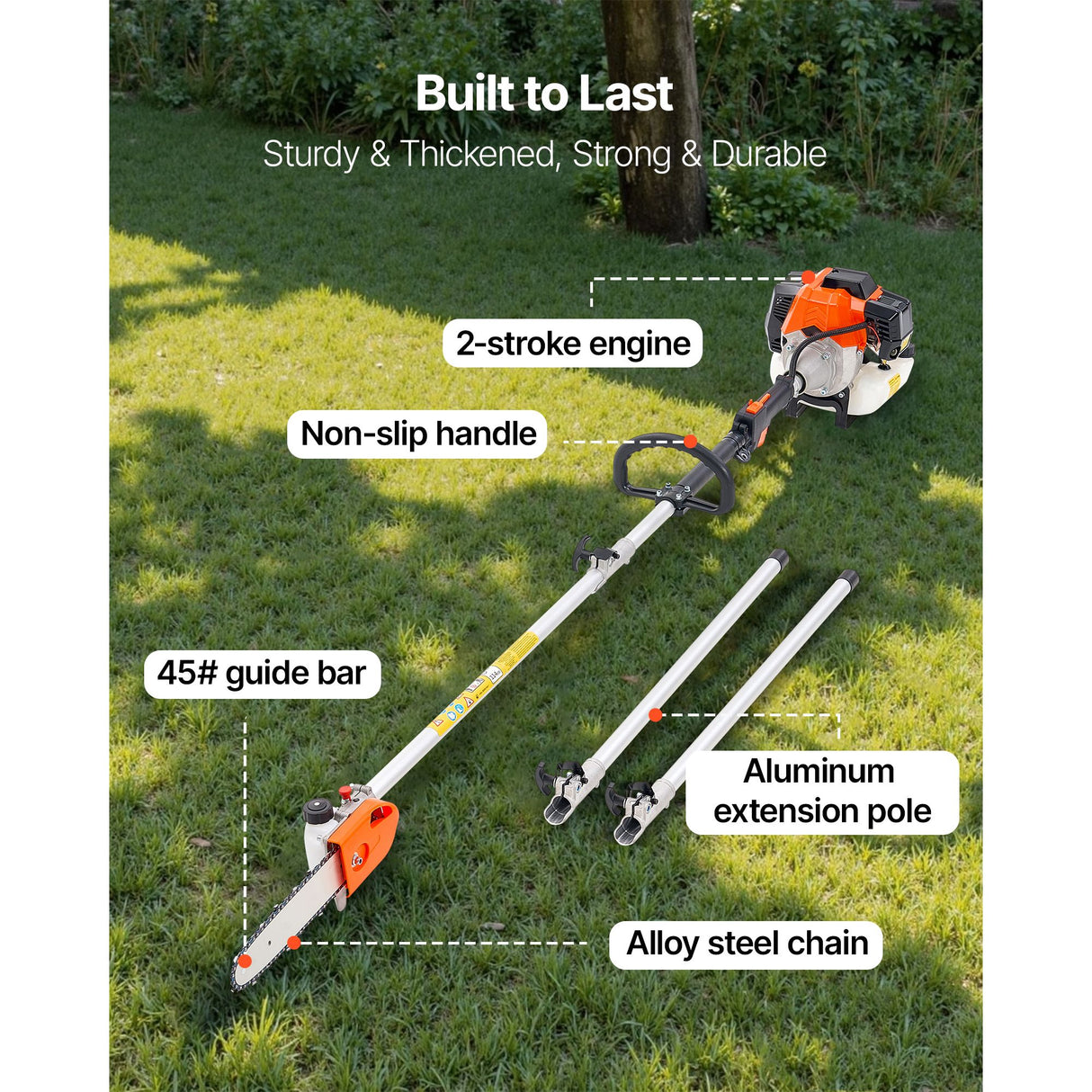 VEVOR Gas Pole Saw, 43CC 2 Stroke Gas Powered Pole Saws with 25.4 cm Cutting Bar, Cordless Tree Trimmer with Rotatable Head, 2.1 to 3.6 m Extendable, Powerful Chainsaw for Tree Trimming Pruning