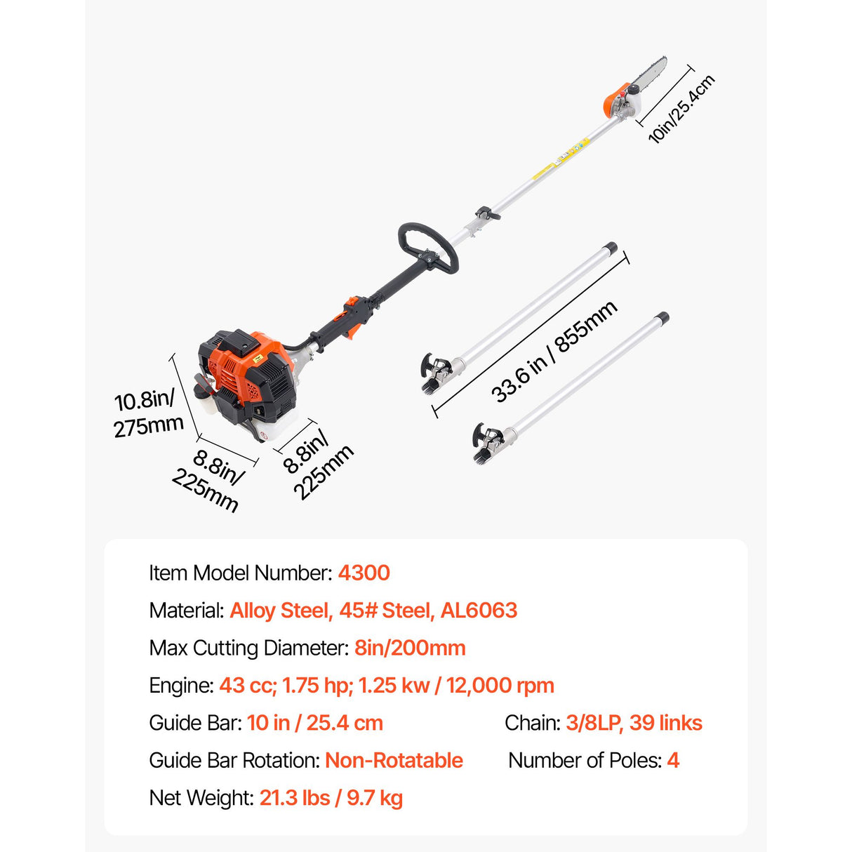 VEVOR Gas Pole Saw, 43CC 2 Stroke Gas Powered Pole Saws with 25.4 cm Cutting Bar, Cordless Tree Trimmer with Rotatable Head, 2.1 to 3.6 m Extendable, Powerful Chainsaw for Tree Trimming Pruning