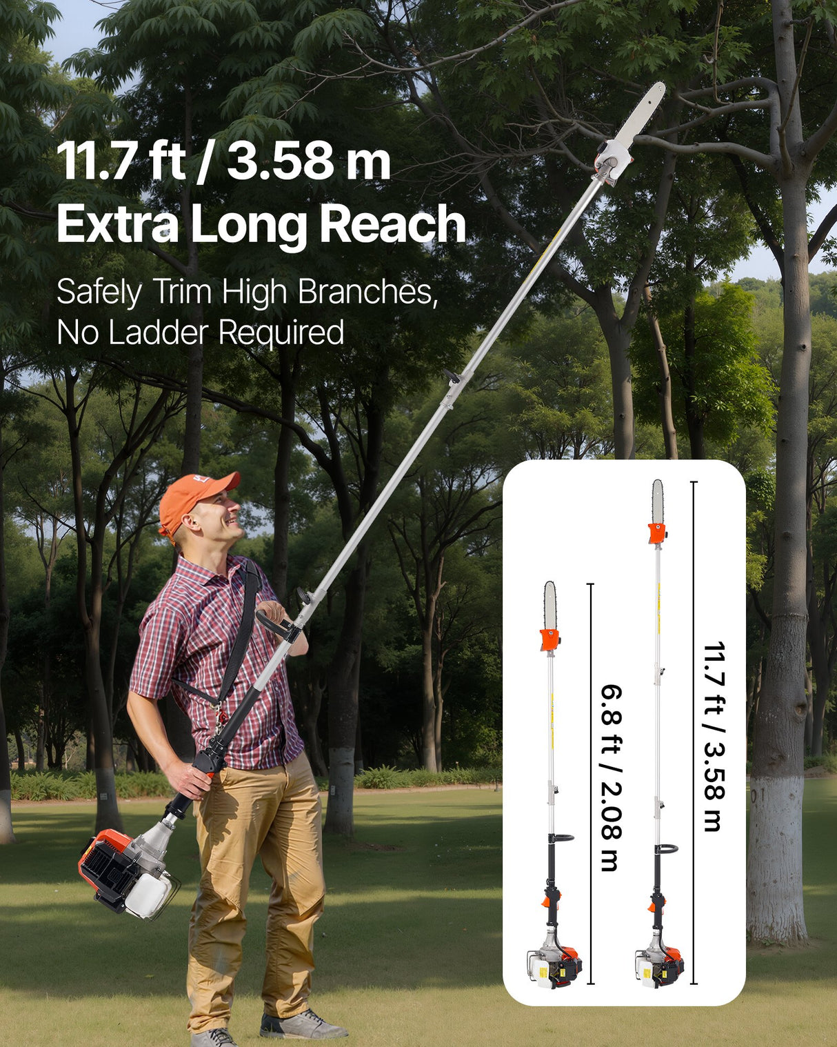 VEVOR Gas Pole Saw, 33CC 2 Stroke Gas Powered Pole Saws with 20.3 cm Cutting Bar, Cordless Tree Trimmer with 850ml Fuel Tank, 2.08 to 3.58 m Extendable, Powerful Chainsaw for Tree Trimming Pruning