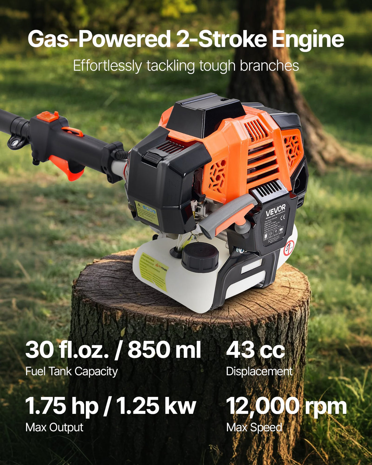 VEVOR Gas Pole Saw, 33CC 2 Stroke Gas Powered Pole Saws with 20.3 cm Cutting Bar, Cordless Tree Trimmer with 850ml Fuel Tank, 2.08 to 3.58 m Extendable, Powerful Chainsaw for Tree Trimming Pruning