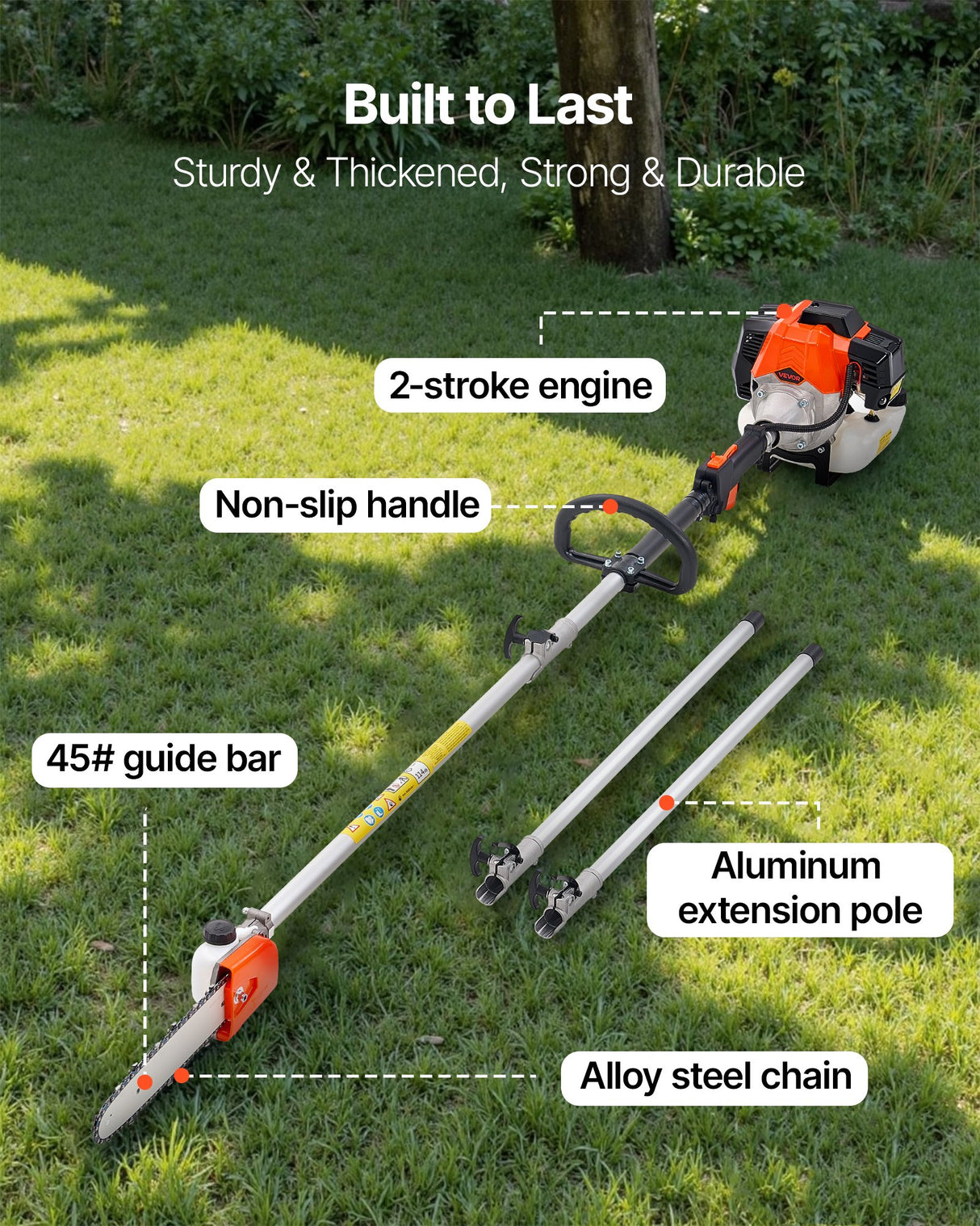 VEVOR Gas Pole Saw, 33CC 2 Stroke Gas Powered Pole Saws with 20.3 cm Cutting Bar, Cordless Tree Trimmer with 850ml Fuel Tank, 2.08 to 3.58 m Extendable, Powerful Chainsaw for Tree Trimming Pruning