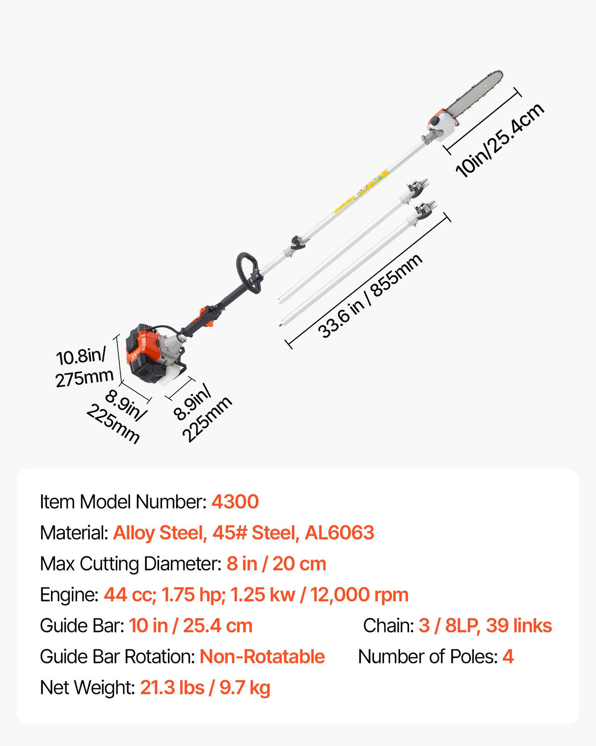 VEVOR Gas Pole Saw, 33CC 2 Stroke Gas Powered Pole Saws with 20.3 cm Cutting Bar, Cordless Tree Trimmer with 850ml Fuel Tank, 2.08 to 3.58 m Extendable, Powerful Chainsaw for Tree Trimming Pruning