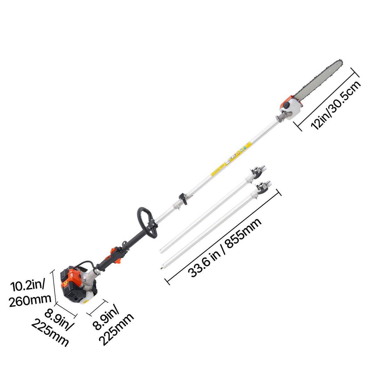 VEVOR Gas Pole Saw, 25CC 2 Stroke Gas Powered Pole Saws with 30.5 cm Cutting Bar, Cordless Tree Trimmer with 650ml Fuel Tank, 2.12 to 3.62 m Extendable, Powerful Chainsaw for Tree Trimming Pruning