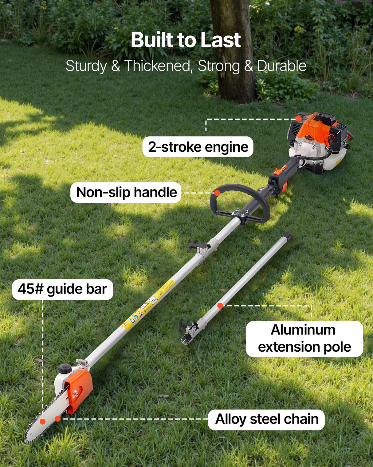 VEVOR Gas Pole Saw, 25CC 2 Stroke Gas Powered Pole Saws with 20.3 cm Cutting Bar, Cordless Tree Trimmer with 650ml Fuel Tank, 2 to 2.74 m Extendable, Powerful Chainsaw for Tree Trimming Pruning