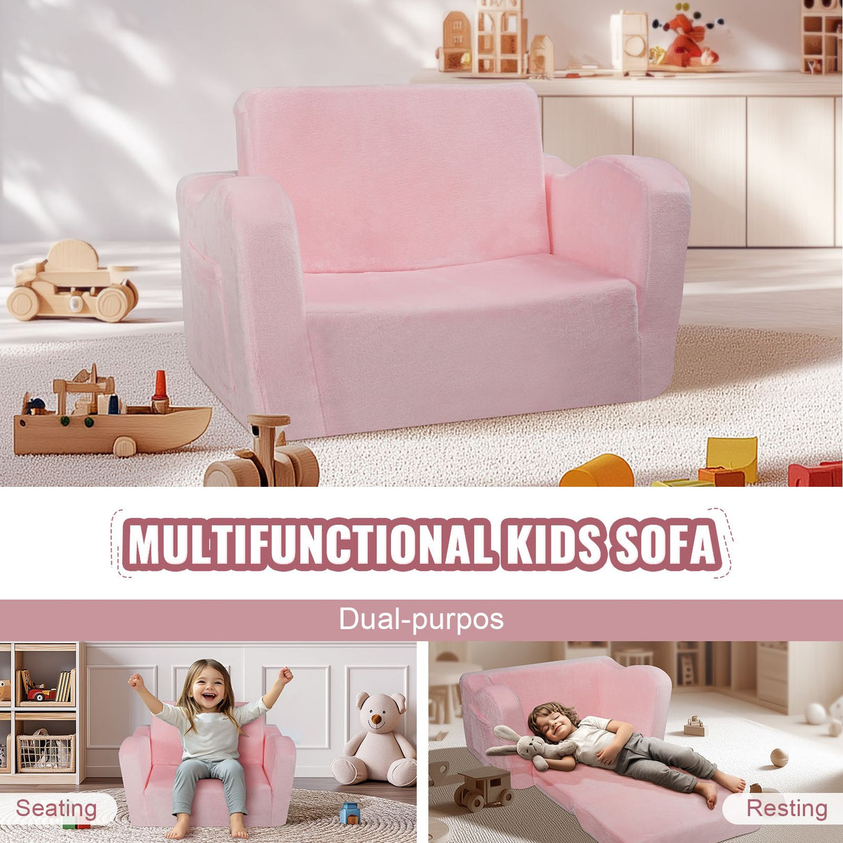 VEVOR Baby Chair Foldable 2-in-1 Comfy Baby Lounger Couch Kids Sofa Pink