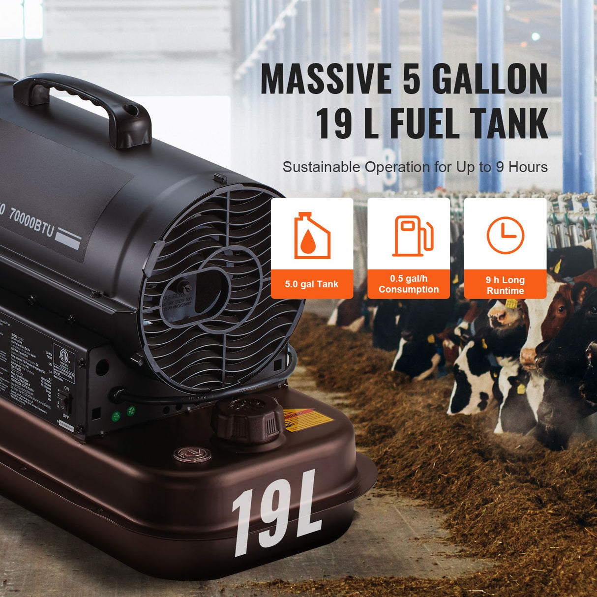 Portable Kerosene Forced Air Heater 70000 BTU Indoor Outdoor Use 5gal Tank