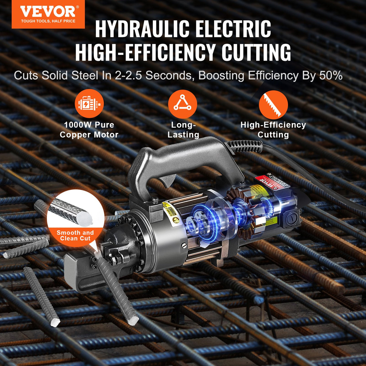 Electric Hydraulic Rebar Cutter, 1000W Portable Rebar Cutter, Cutting up to 5/8 Inch (4-16mm) #5 Rebar within 2 Seconds, High Power Steel Rebar Cutter with Oil Can Rich Accessories,Black RC-16