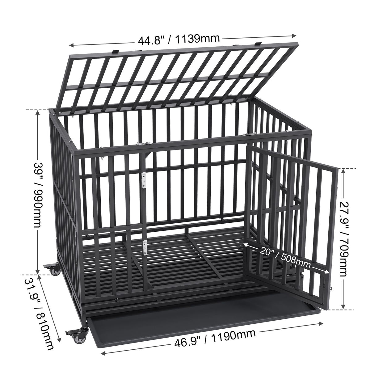 47 Inch Heavy Duty Dog Crate, Indestructible Dog Crate, 3-Door Heavy Duty Dog Kennel for Medium to Large Dogs with Lockable Wheels and Removable Tray, High Anxiety Dog Crate for Indoor & Outdoor