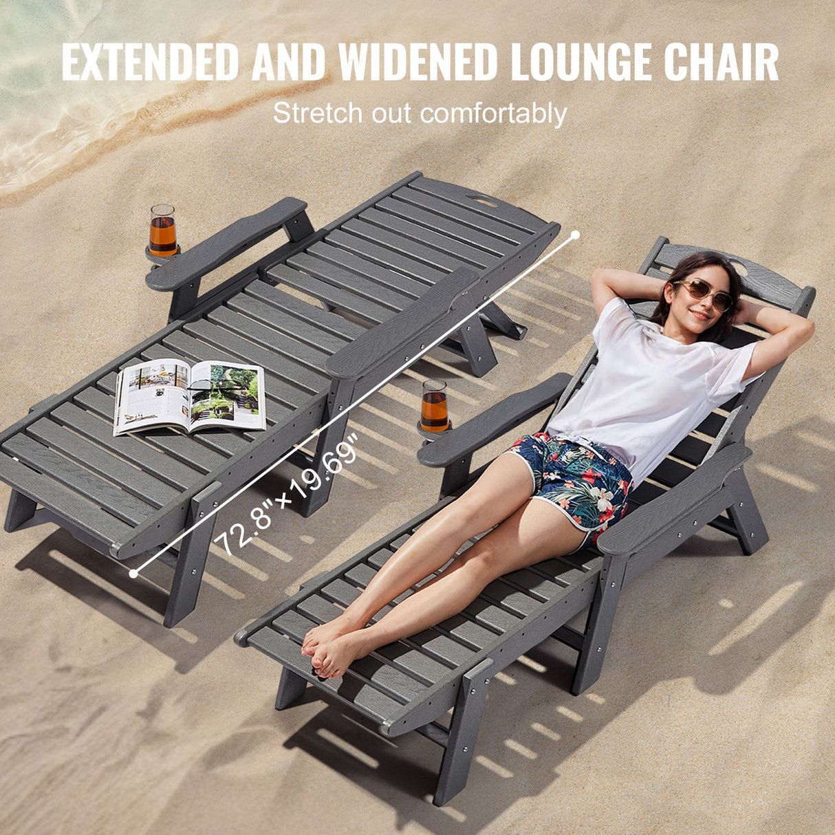Outdoor Chaise Lounge Chair 6 Positions Reclining Patio Bench Lounger Gray