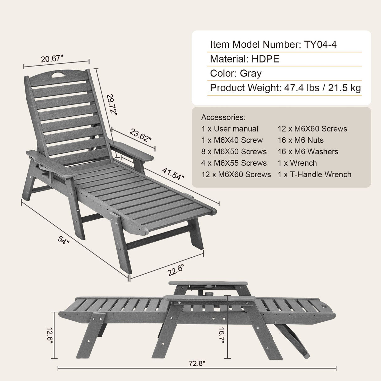 Outdoor Chaise Lounge Chair 6 Positions Reclining Patio Bench Lounger Gray