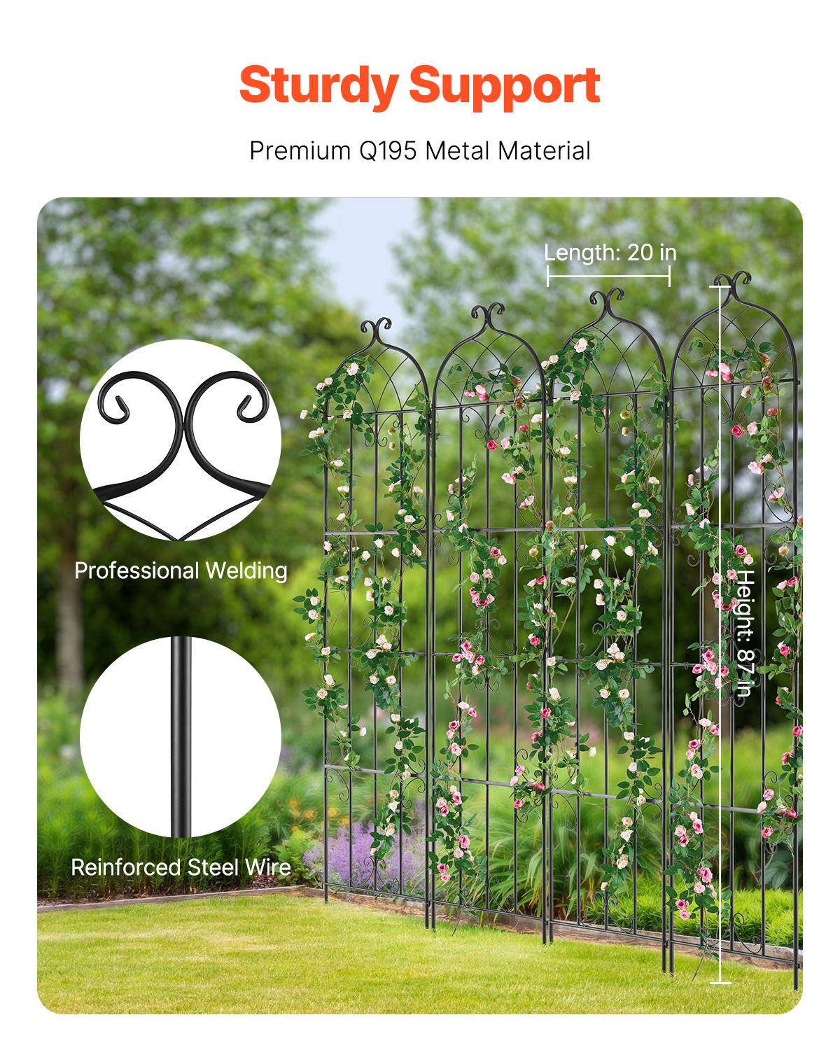 Garden Trellis for Climbing Plants, 87 x 20 in, 4 Packs Rustproof Metal Garden Flower Trellis, Outdoor Climbing Rose Trellis Cucumbers Support, Decorative Clematis Trellis for Courtyards Lawns