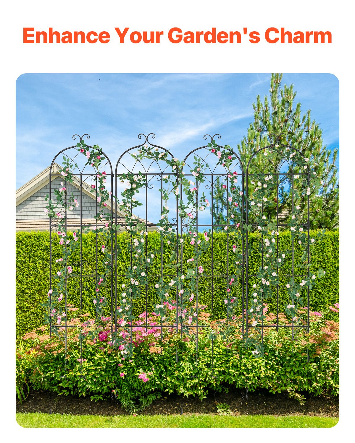 Garden Trellis for Climbing Plants, 87 x 20 in, 4 Packs Rustproof Metal Garden Flower Trellis, Outdoor Climbing Rose Trellis Cucumbers Support, Decorative Clematis Trellis for Courtyards Lawns
