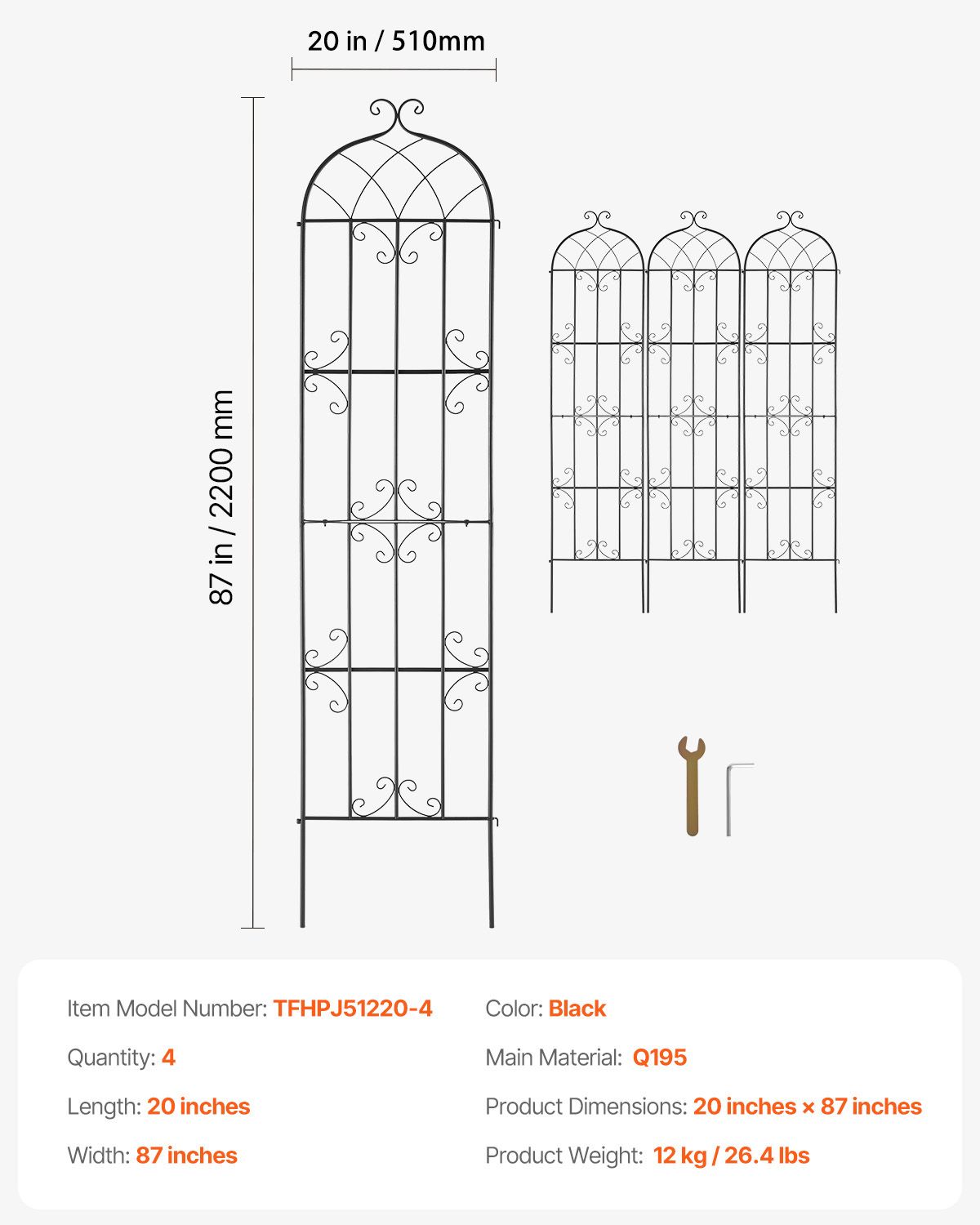 Garden Trellis for Climbing Plants, 87 x 20 in, 4 Packs Rustproof Metal Garden Flower Trellis, Outdoor Climbing Rose Trellis Cucumbers Support, Decorative Clematis Trellis for Courtyards Lawns