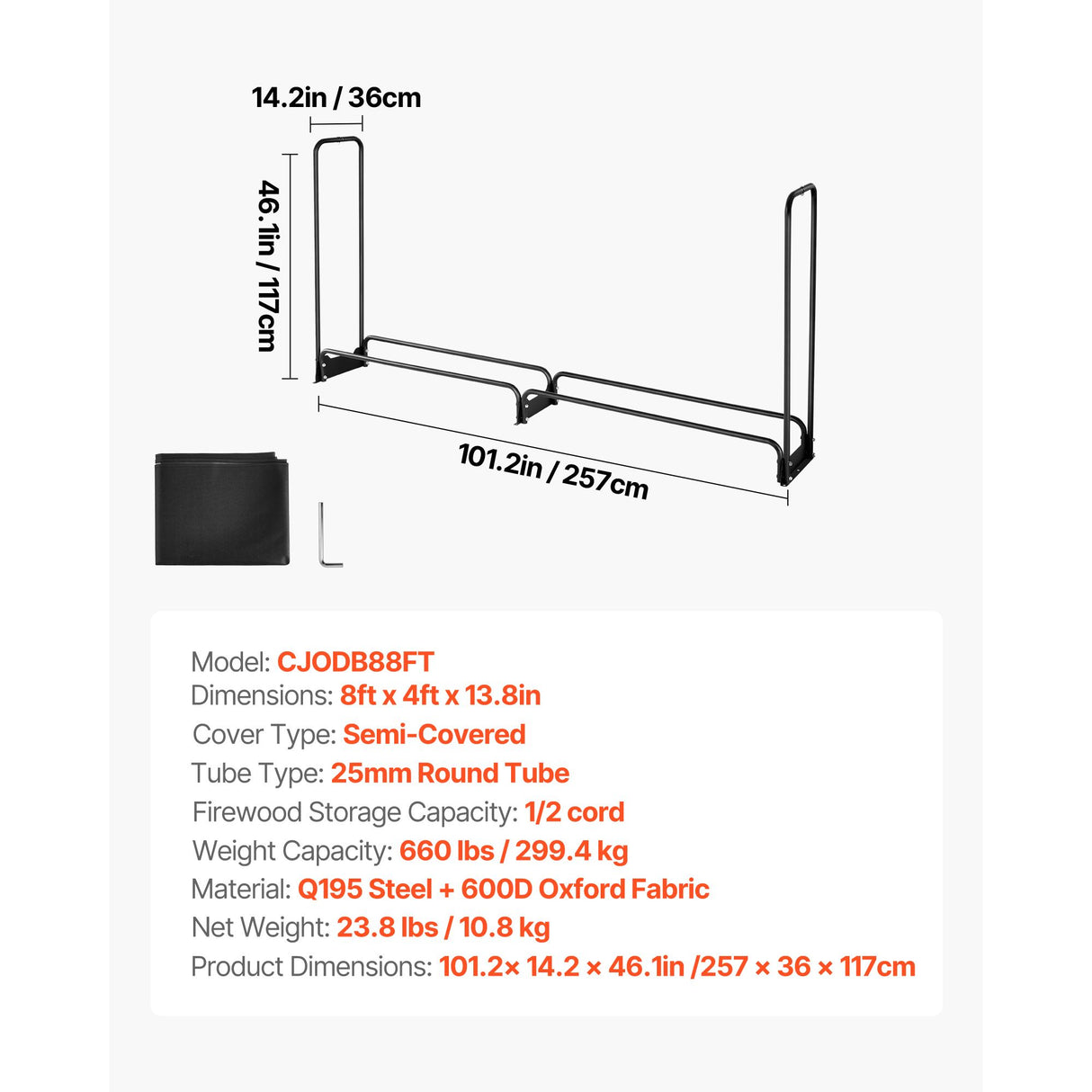 VEVOR Firewood Rack with Waterproof Cover, 2.57m Outdoor Firewood Holder, 1/2 Cord Storage Metal Log Holder, 299kg Max Weight Capacity, Top Covered, Powder-Coated Wood Storage Rack for Fireplace Deck