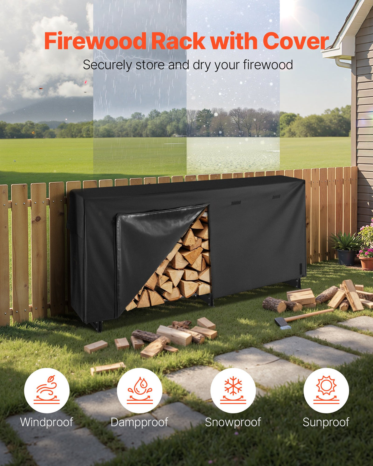 VEVOR Firewood Rack with Waterproof Cover, 2.57m Outdoor Firewood Holder, 1/2 Cord Storage Metal Log Holder, 299kg Max Weight Capacity, Top Covered, Powder-Coated Wood Storage Rack for Fireplace Deck