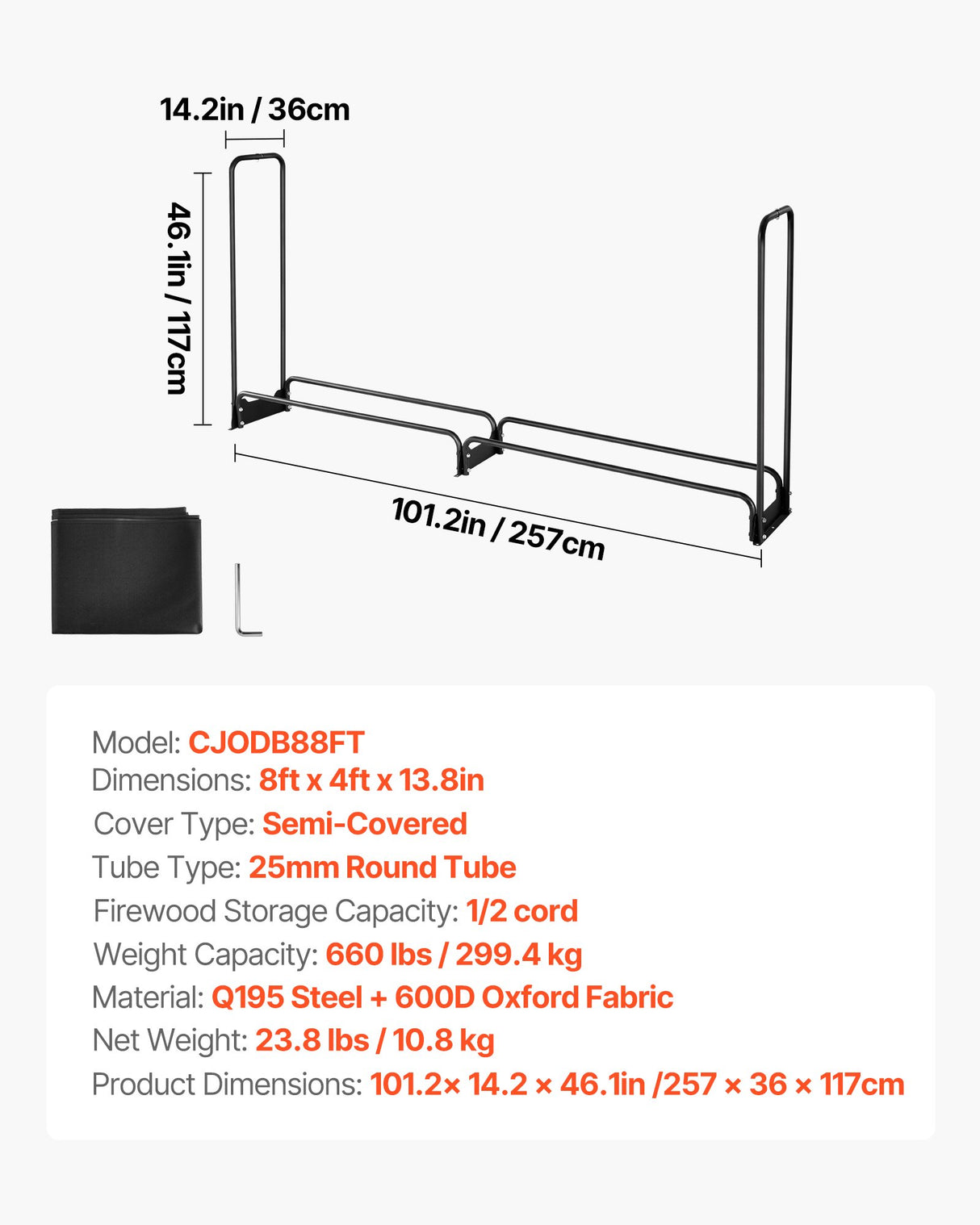 VEVOR Firewood Rack with Waterproof Cover, 2.57m Outdoor Firewood Holder, 1/2 Cord Storage Metal Log Holder, 299kg Max Weight Capacity, Top Covered, Powder-Coated Wood Storage Rack for Fireplace Deck