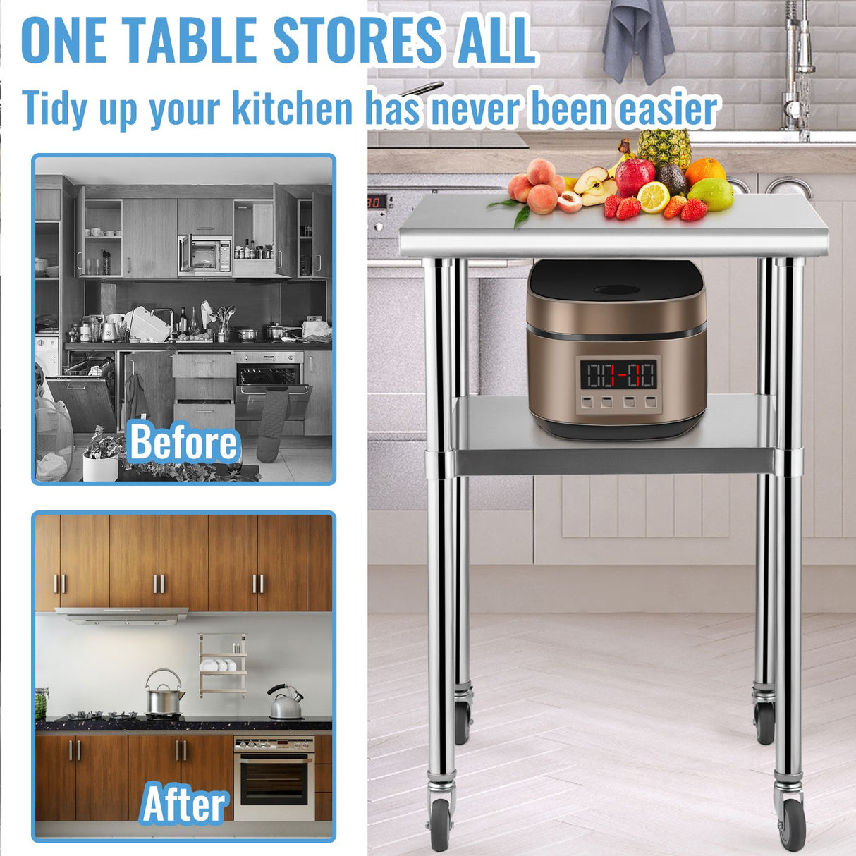 Stainless Steel Prep Table, 61 x 61 x 91.4 cm, 600lbs Load Capacity Heavy Duty Metal Worktable with Adjustable Undershelf & Universal Wheels, Commercial Workstation for Kitchen Garage Backyard