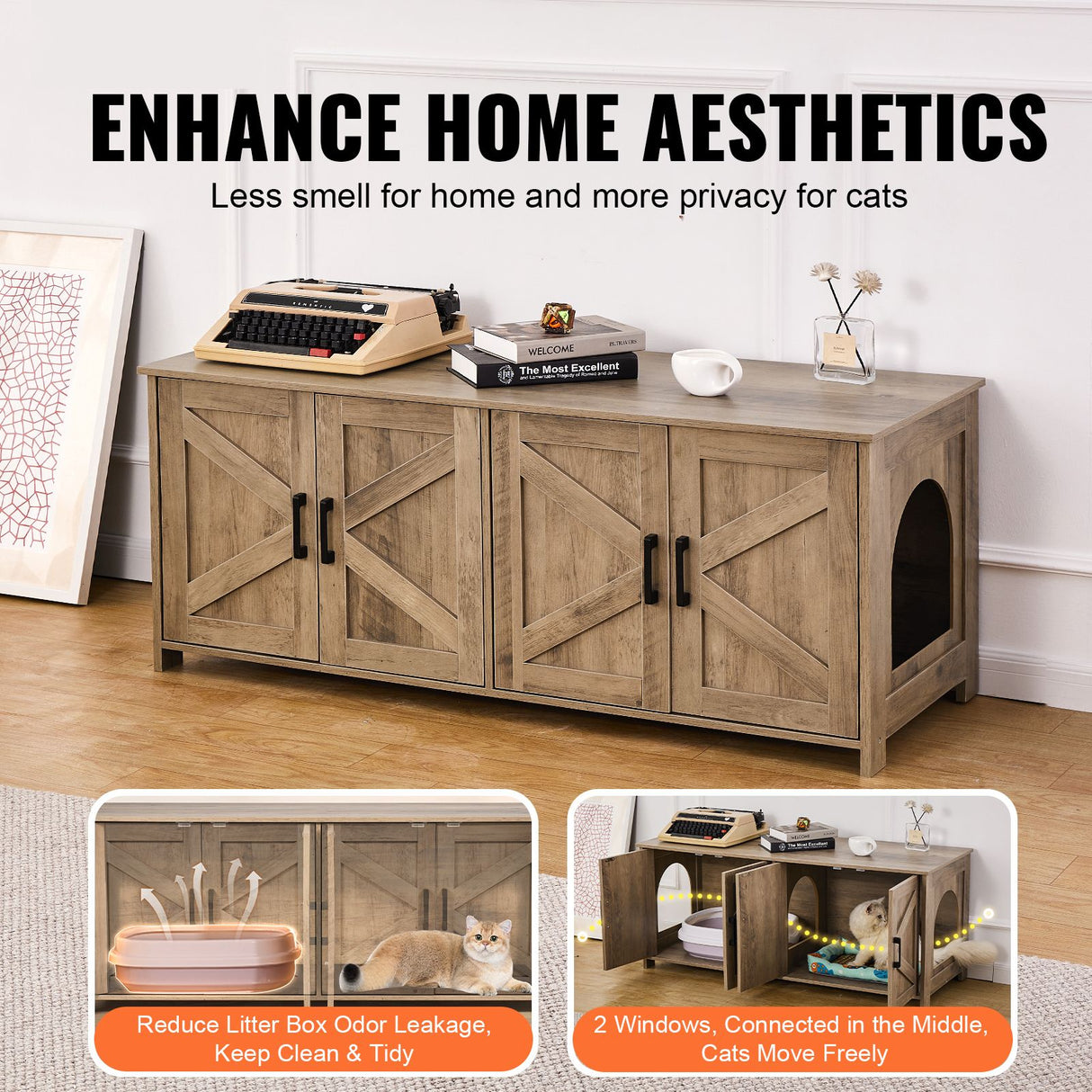 VEVOR Cat Litter Box Enclosure Wooden Litter Box Furniture Hidden 2 Rooms Greige