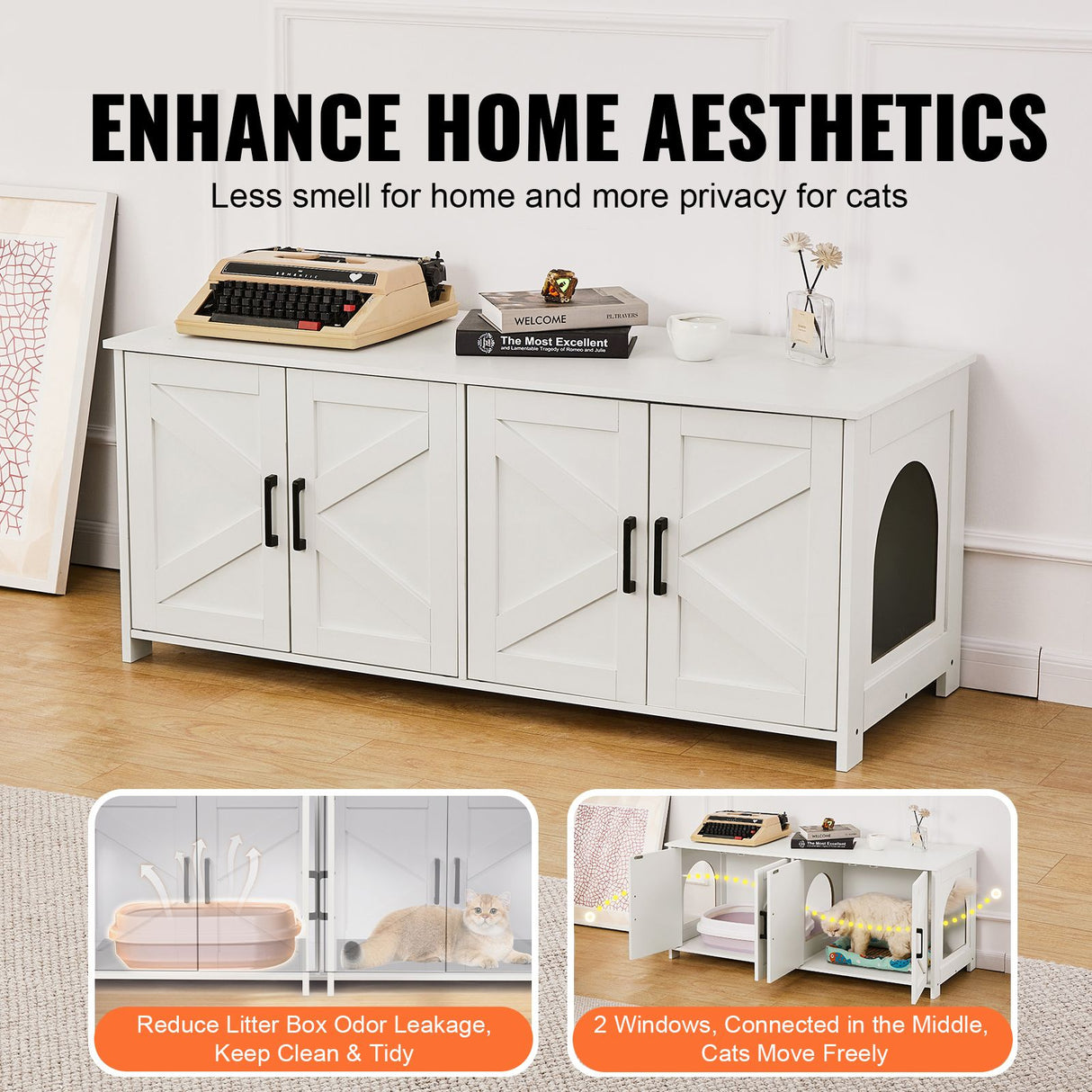 VEVOR Cat Litter Box Enclosure Wooden Litter Box Furniture Hidden 2 Rooms White