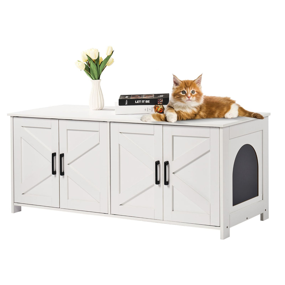 VEVOR Cat Litter Box Enclosure Wooden Litter Box Furniture Hidden 2 Rooms White