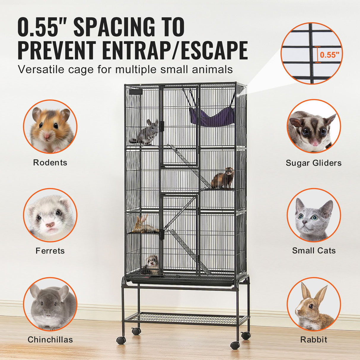 69" Metal Small Animal Cage 4-Tier Rolling Ferret Cage with Tray 3 Ramps