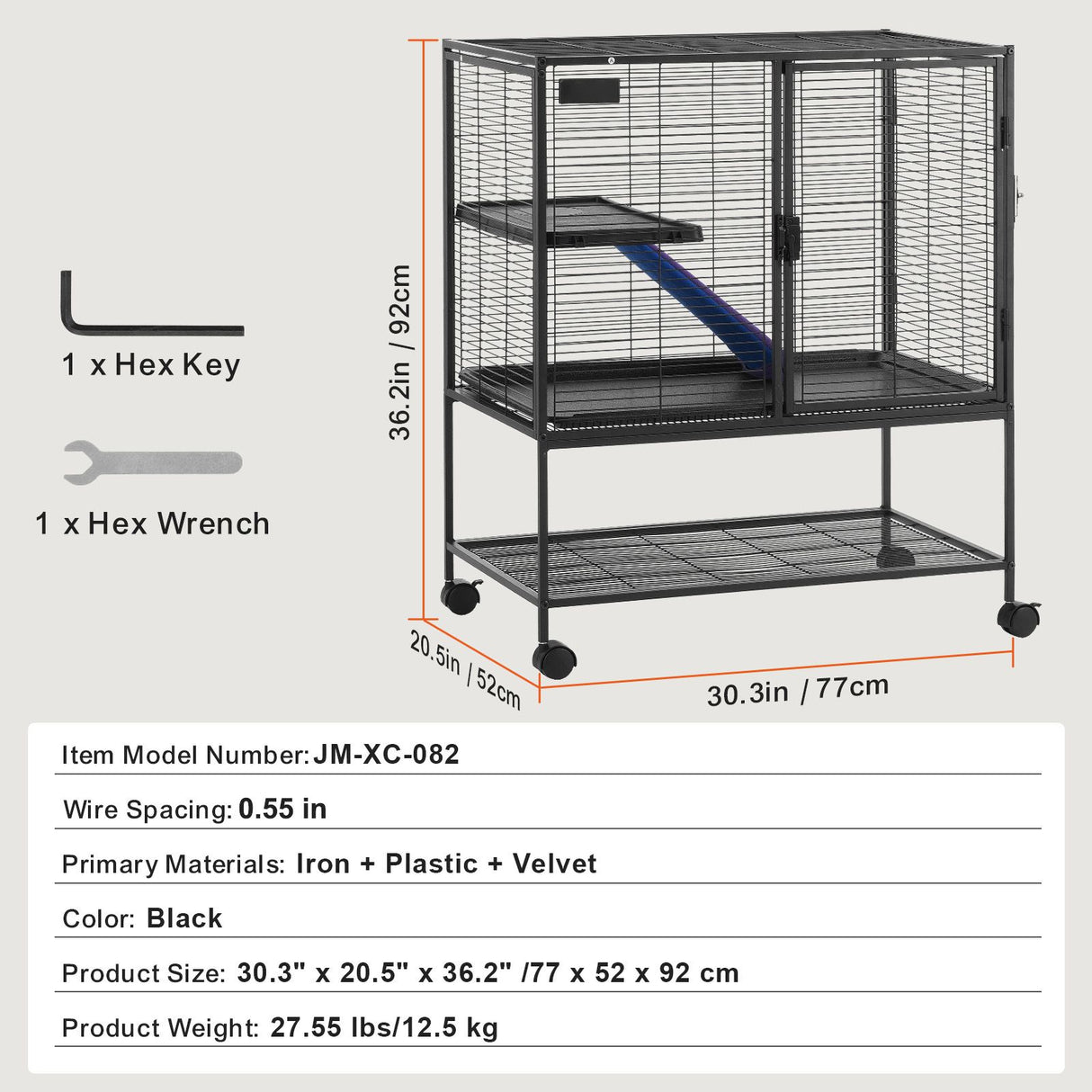 36" Metal Small Animal Cage 2-Tier Rolling Ferret Cage with Tray A Ramp
