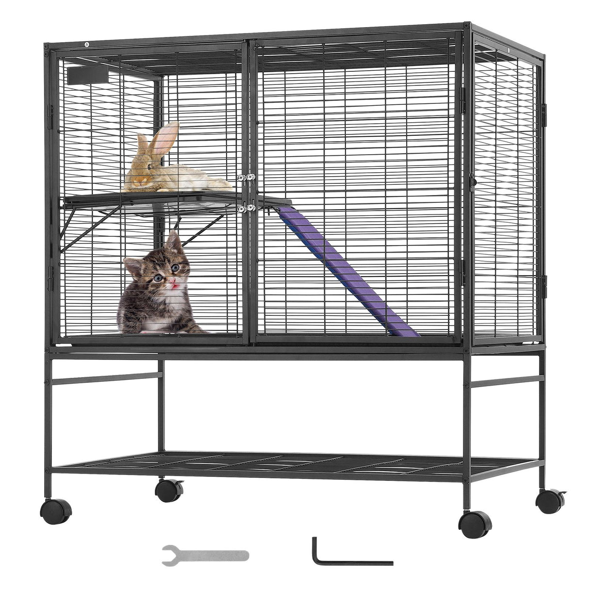 39" Metal Small Animal Cage 2-Tier Rolling Ferret Cage with Tray A Ramp