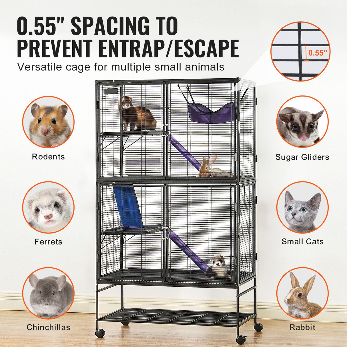 64.6" Metal Small Animal Cage 4-Tier Rolling Ferret Cage with Tray 3 Ramps