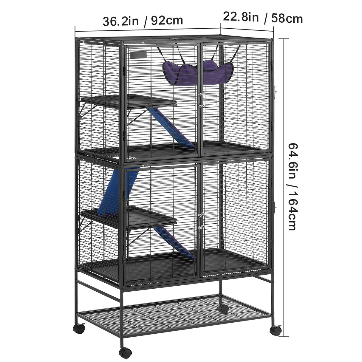 64.6" Metal Small Animal Cage 4-Tier Rolling Ferret Cage with Tray 3 Ramps