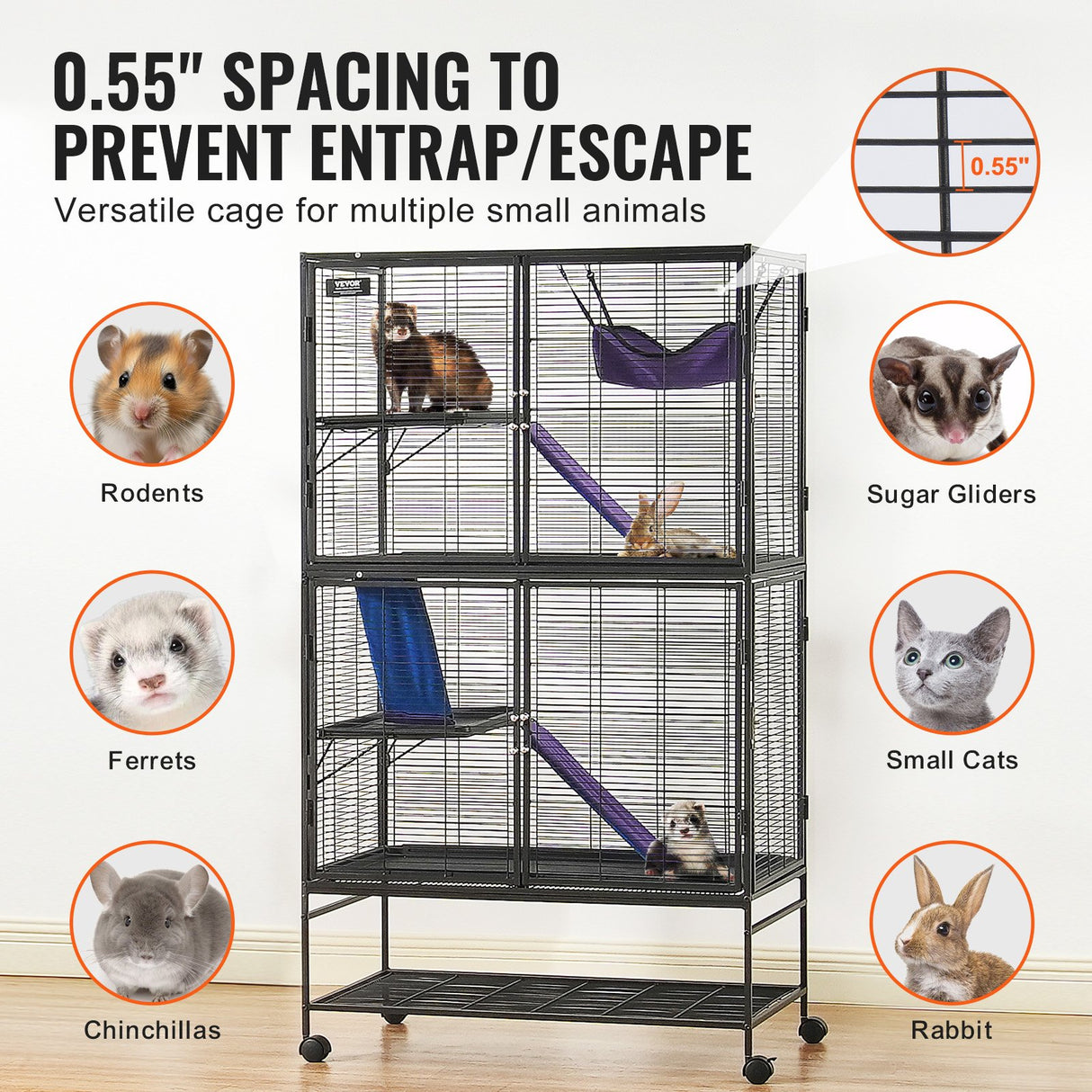 64.6" Metal Small Animal Cage 4-Tier Rolling Ferret Cage with Tray 3 Ramps