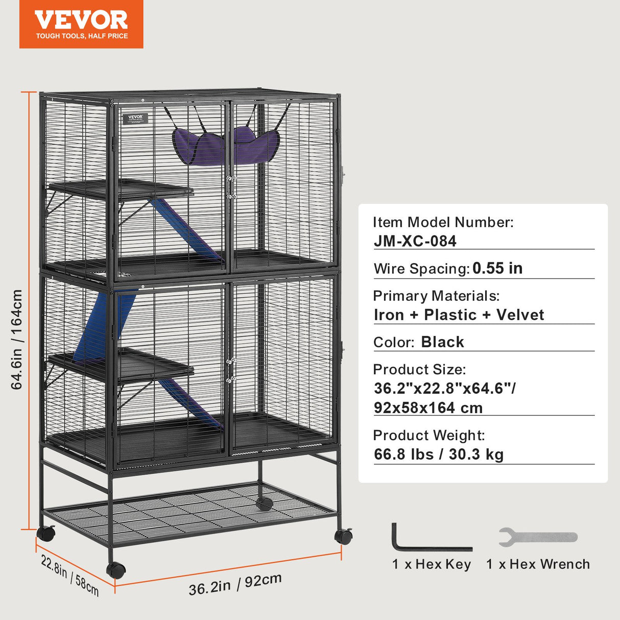 64.6" Metal Small Animal Cage 4-Tier Rolling Ferret Cage with Tray 3 Ramps